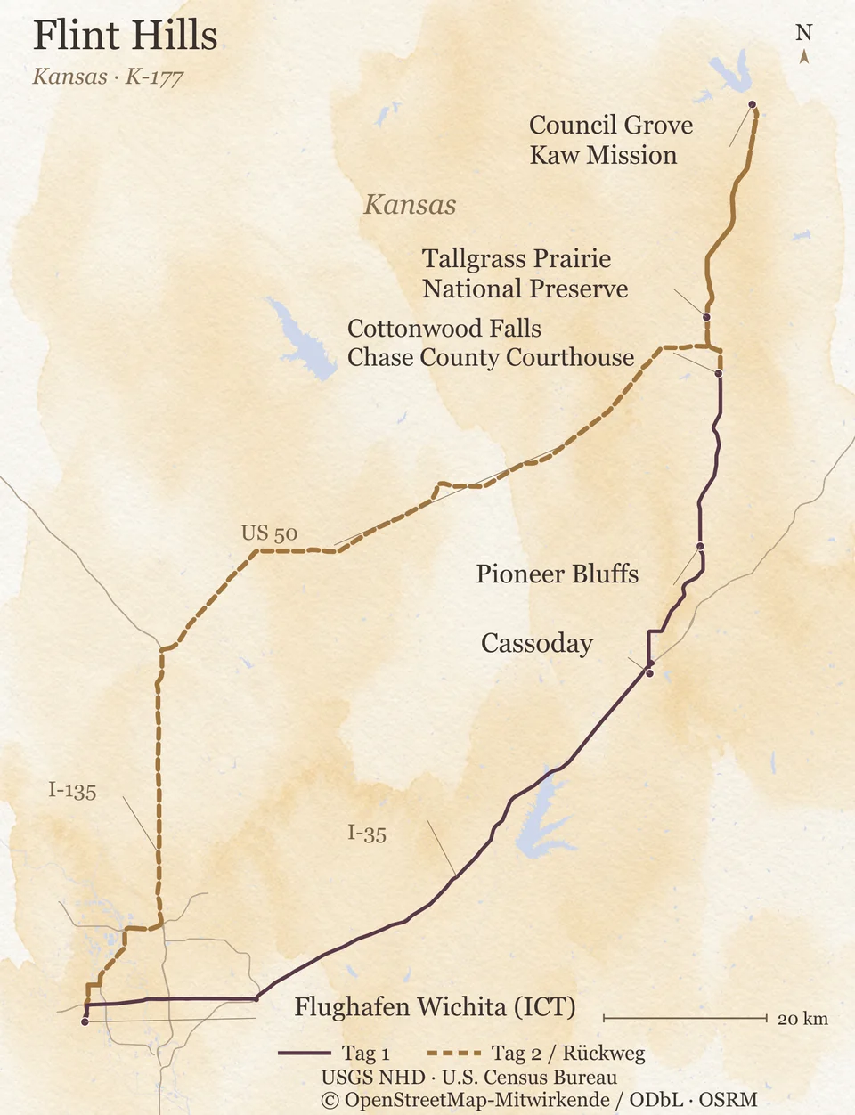 Übersicht der zwei Tage ab und bis zum Flughafen Wichita: am ersten Tag über die I-35 nach Cassoday und auf der K-177 über Pioneer Bluffs nach Cottonwood Falls, am zweiten Tag zum Tallgrass Prairie National Preserve, nach Council Grove und über US 50 und I-135 zurück nach Wichita.