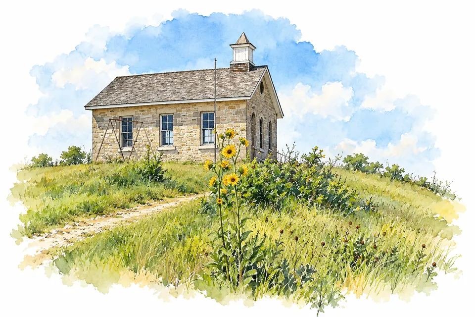 Aquarell der Lower Fox Creek School, eines Schulhauses aus Kalkstein mit Glockenaufsatz auf einem Grashügel.