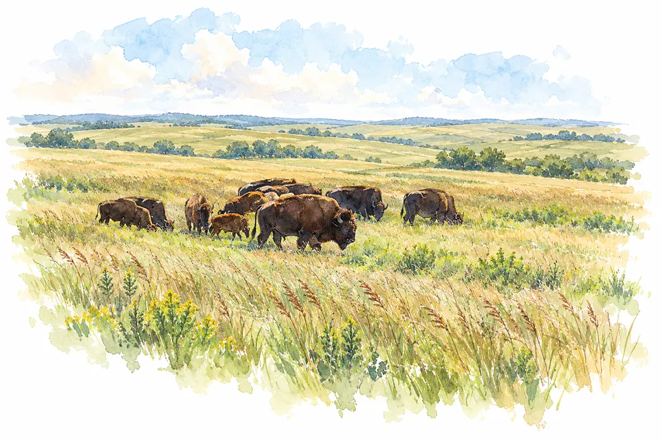 Aquarell einer grasenden Bisonherde mit Kalb in weitem, hügeligem Grasland.