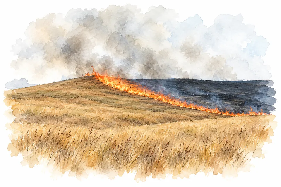 Aquarell einer niedrigen Flammenfront, die über einen Grashang läuft, dahinter verbrannte schwarze Fläche und Rauch.
