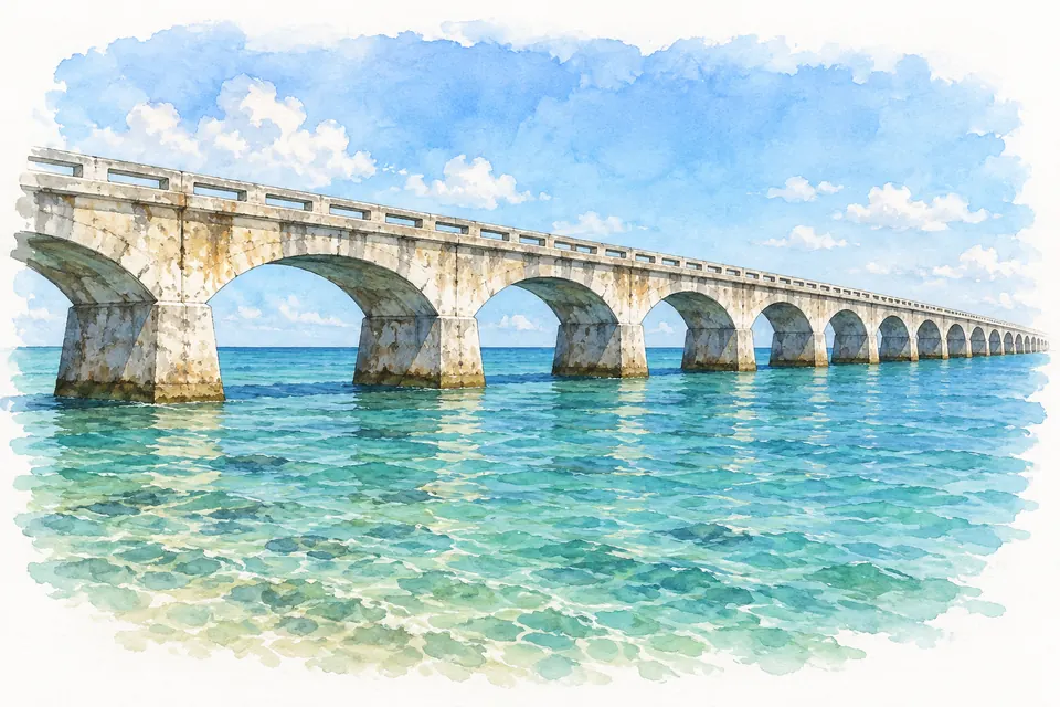 Aquarell des Long-Key-Viadukts: Eine lange Reihe flacher Betonbögen trägt die alte Brückenkonstruktion über türkisfarbenes Meerwasser.