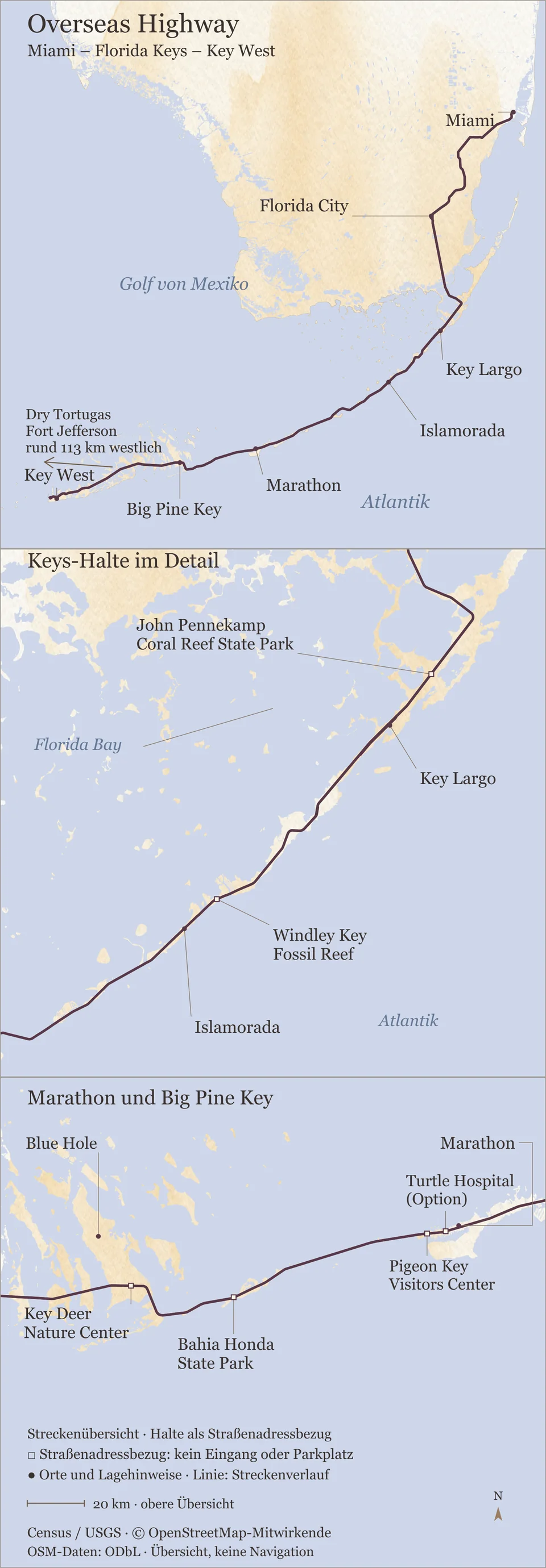 Karte von Südflorida und den Florida Keys mit der Route von Miami über Florida City nach Key West zwischen Golf von Mexiko und Atlantik. Zwei Detailansichten zeigen Key Largo und Islamorada sowie Marathon, Bahia Honda und Big Pine Key mit Blue Hole.