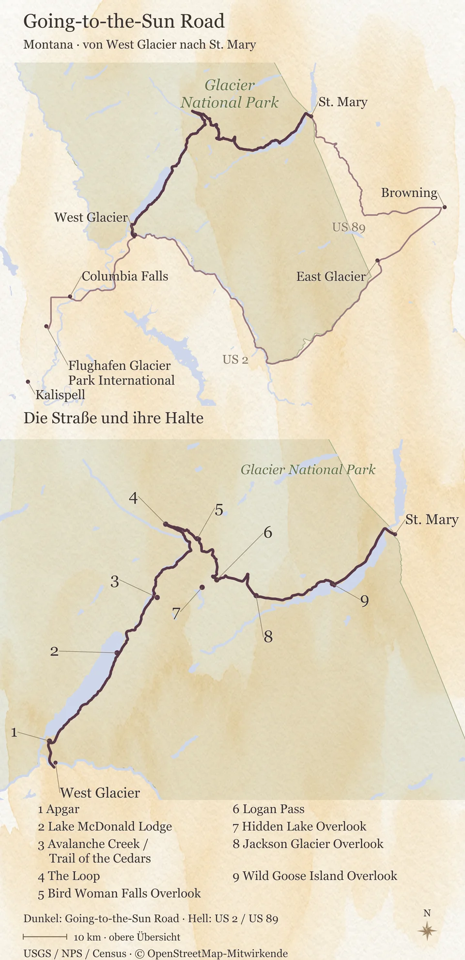 Routenkarte der Going-to-the-Sun Road zwischen West Glacier und St. Mary mit neun nummerierten Halten, Anreise vom Flughafen und Rückweg über Browning, US 89 und US 2.