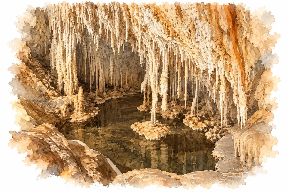Dünne Tropfsteine und kräftigere Kalkformationen über einem kleinen Wasserbecken in den Lehman Caves.