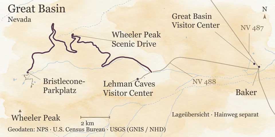 Orientierungskarte des Great Basin National Park in Nevada mit Baker, beiden Besucherzentren und der Wheeler Peak Scenic Drive bis zum Bristlecone-Parkplatz.