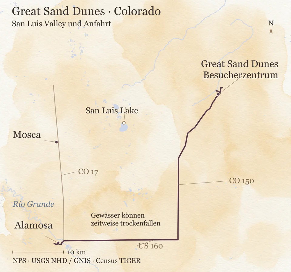 Orientierungskarte im San Luis Valley mit Alamosa, Mosca, San Luis Lake und Anfahrt über US 160 und CO 150 zum Besucherzentrum der Great Sand Dunes.