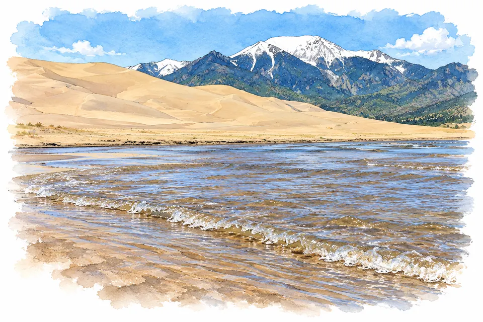 Eine niedrige Wellenfront läuft durch den flachen Medano Creek vor Dünen und Sangre-de-Cristo-Bergen in Colorado.