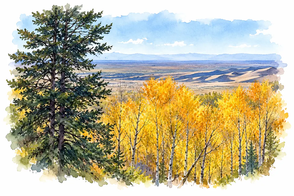 Goldgelbe Espen und dunkle Nadelbäume am Montville Trail mit Blick auf Dünen und das San Luis Valley in Colorado.