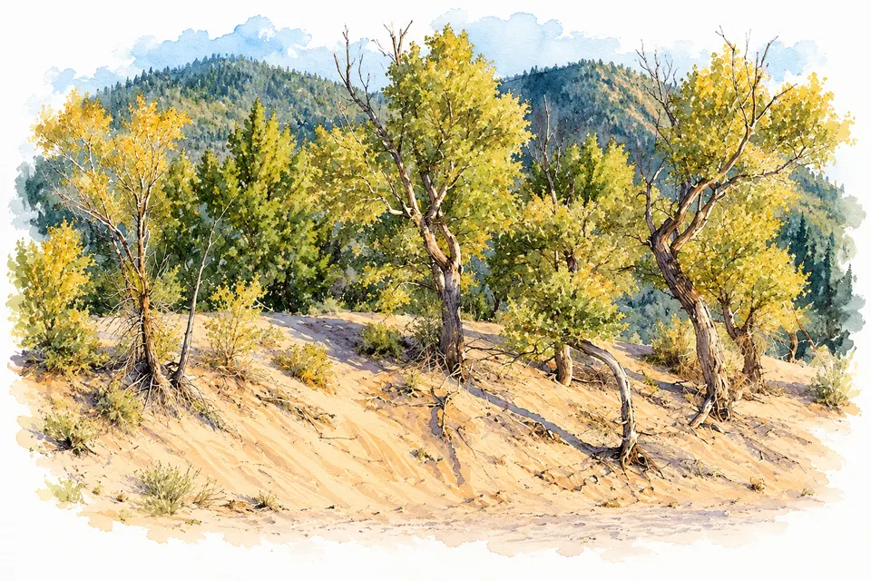 Sand hat sich um die Stammfüße mehrerer Pappeln nahe dem Medano Creek in Colorado angesammelt.