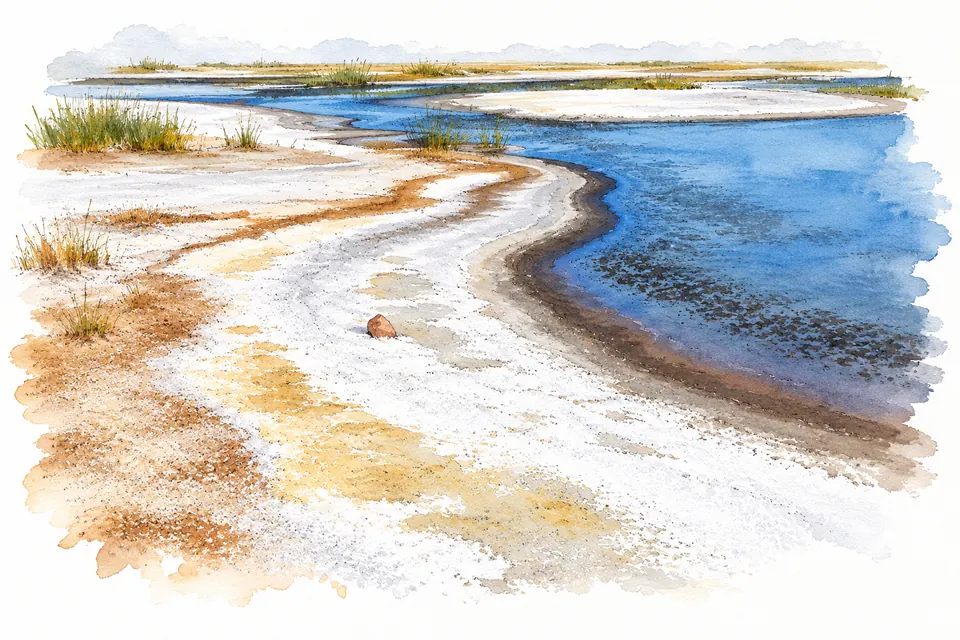 Weiße Mineralkruste und spärliche Gräser am flachen Wasser einer Sabkha im Great-Sand-Dunes-System in Colorado.
