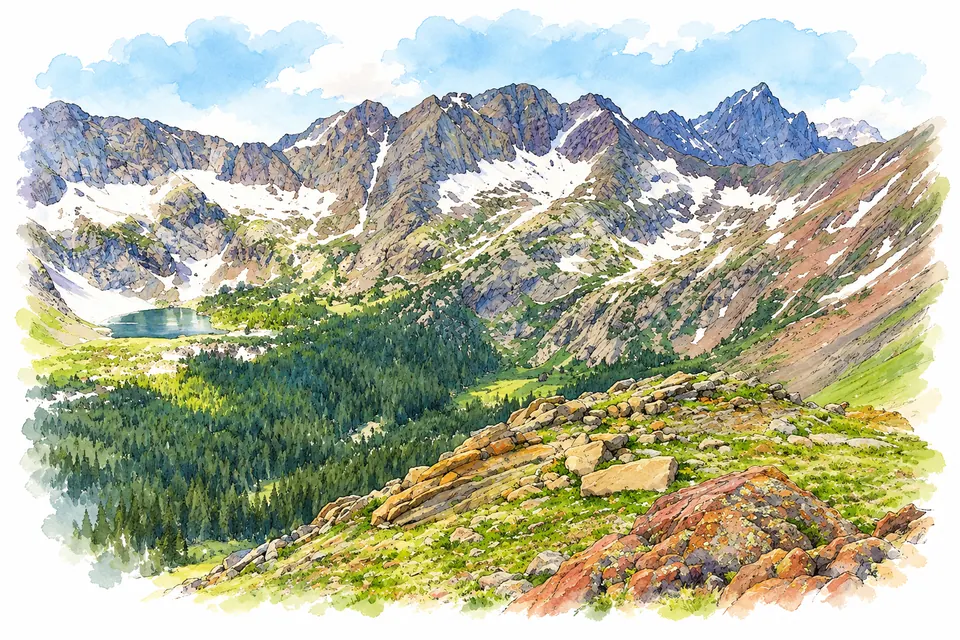Alpiner See, Nadelwald und schneefleckige Felsgipfel im Upper Sand Creek Basin in Colorado.