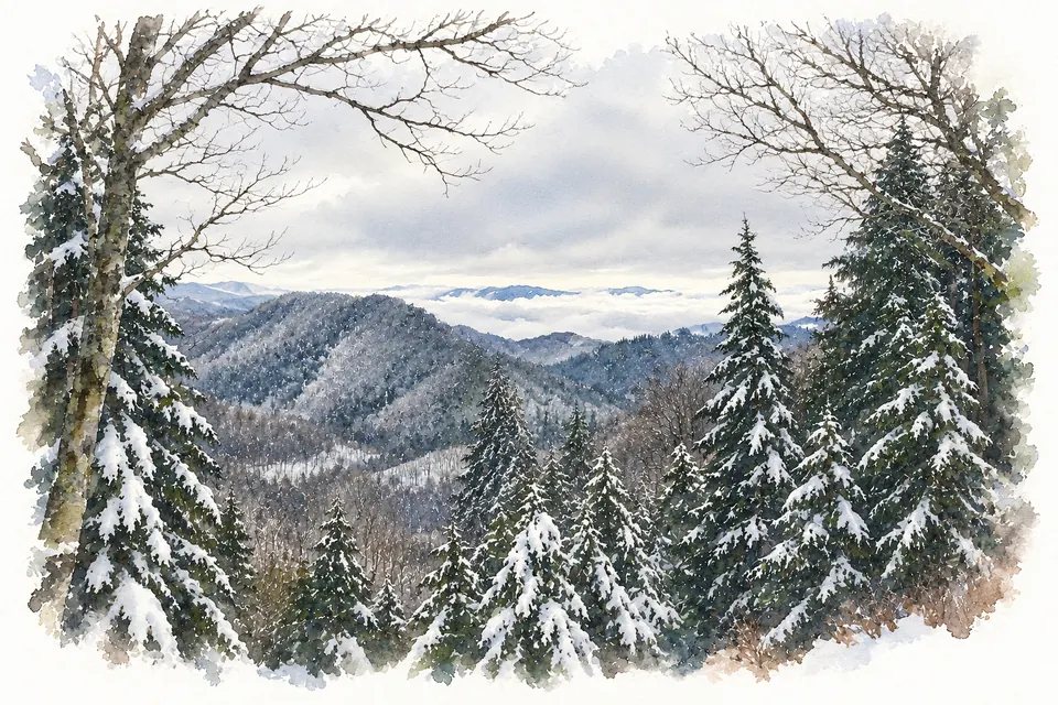 Aquarell von verschneiten Nadelbäumen vor bewaldeten Bergkämmen und einer tiefen Wolkenbank am Newfound Gap.