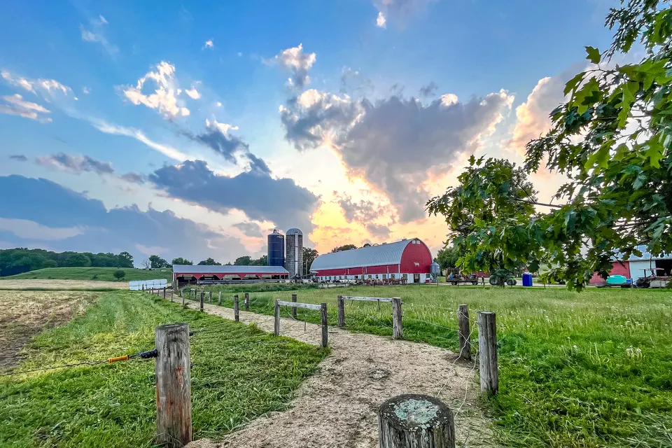 Eine rote Scheune und zwei Silos stehen hinter eingezäuntem Grünland unter einem weiten Abendhimmel.