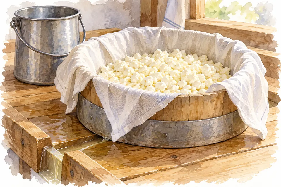 Heller Käsebruch liegt in einer mit weißem Tuch ausgelegten runden Form auf einem Abtropftisch; daneben ein Milcheimer.
