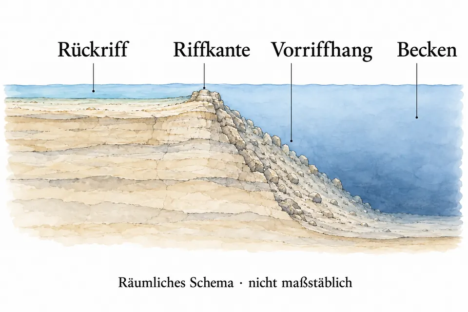 Räumliches Schema des früheren Capitan-Riffsystems: links flaches Rückriff, mittig Riffkante, nach rechts abfallender Vorriffhang und tieferes Becken. Keine Zeitfolge und nicht maßstäblich.