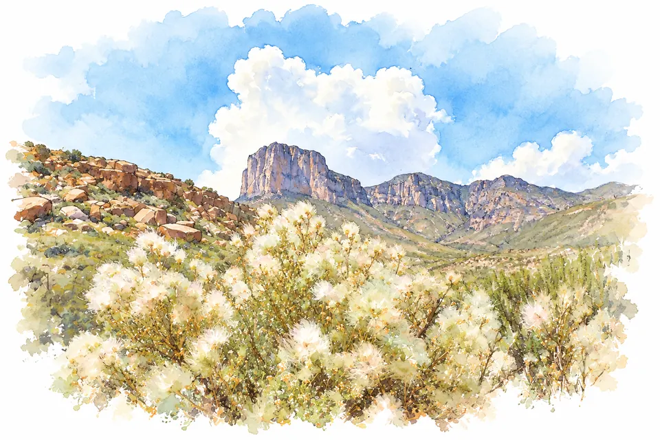 Aquarell des steilen El Capitan mit einem langen anschließenden Felsrücken hinter einem felsigen Vorderhang und hellen Samenständen.