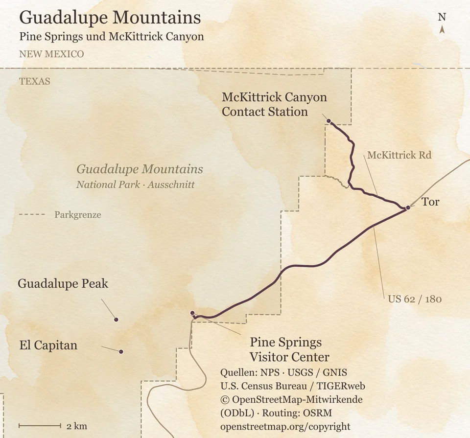 Orientierungskarte im östlichen Guadalupe Mountains National Park mit Pine Springs Visitor Center, US 62/180, McKittrick Road, Tor und Contact Station sowie Guadalupe Peak und El Capitan.
