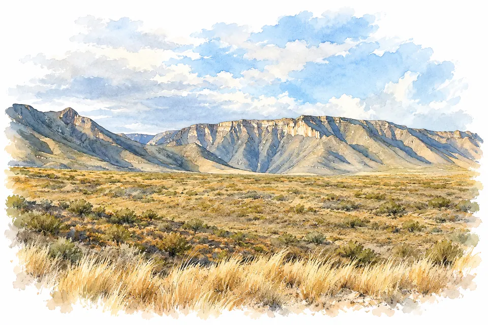 Aquarell der breiten Mündung des McKittrick Canyon mit trockener Gras- und Strauchebene vor gestuften Felsrücken.
