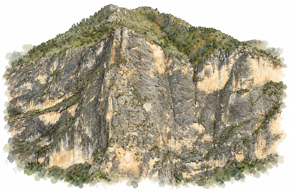 Aquarell einer steilen Felswand im McKittrick Canyon mit hellen Wandbändern und dunkleren bewachsenen Rinnen.
