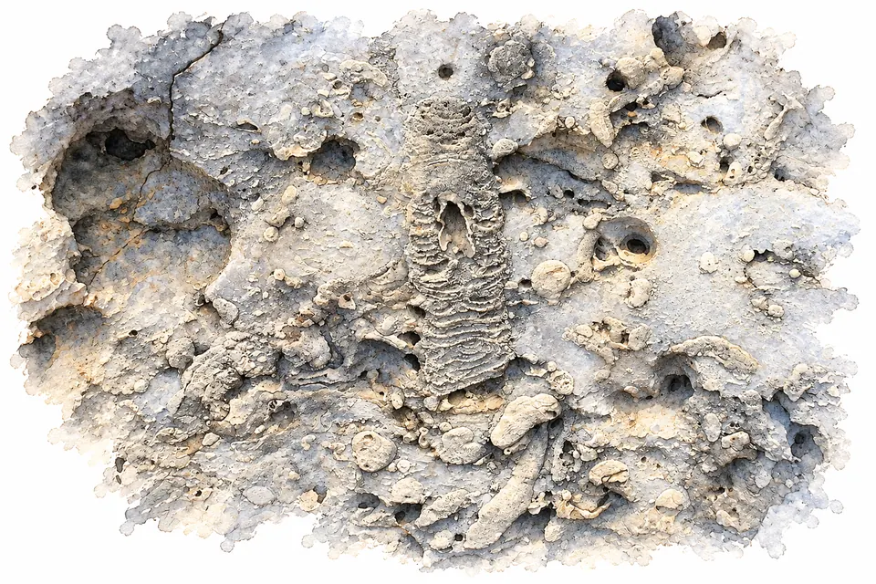 Aquarell einer verwitterten grauen Gesteinsoberfläche mit einer großen unregelmäßigen gerippten Fossilienspur und kleineren eingebetteten Resten.