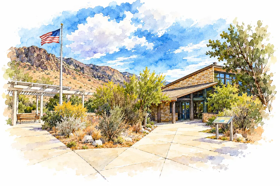 Aquarell des Pine Springs Visitor Center: niedriger Steinbau mit Schrägdach und Eingang, davor Wege und Informationstafel, links Pergola und Fahnenmast.