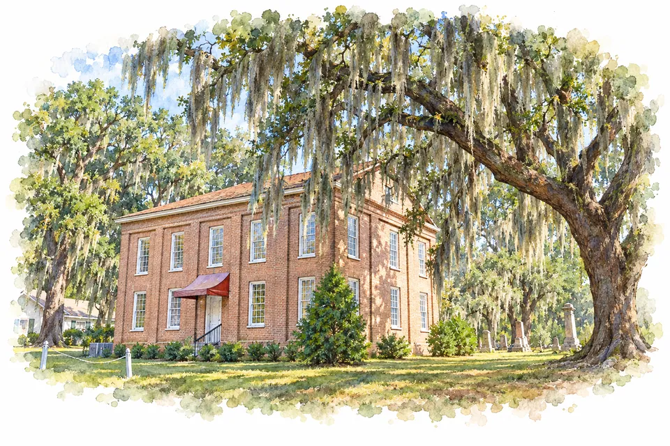 Aquarell der Brick Baptist Church auf St. Helena Island mit Ziegelfassade, Eingang und Eichen.