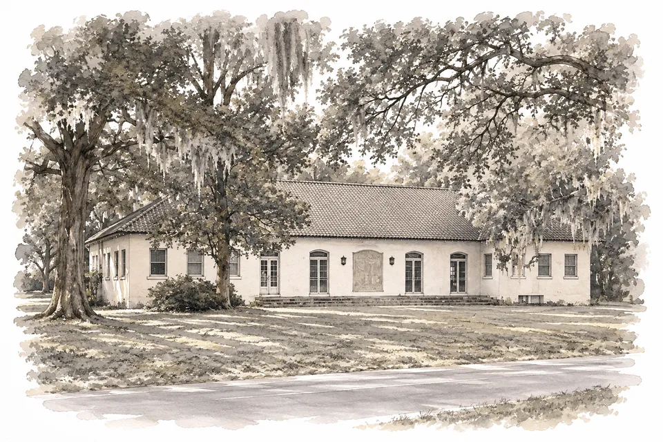 Aquarell des Frissell Community House am Penn Center nach historischen Außenaufnahmen von 1985.