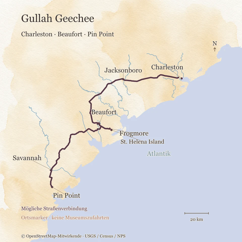 Aquarellkarte der Küste zwischen Charleston und Savannah mit Beaufort, Frogmore auf St. Helena Island und Pin Point sowie einer möglichen Straßenverbindung zwischen den Orten.