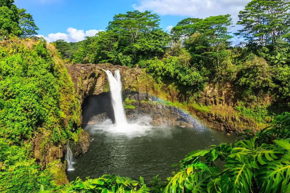 Ein Wasserfall stürzt über eine Felskante vor einer Höhle in ein dunkles Becken. In der Gischt steht ein Regenbogen, vorn große Monstera-Blätter.