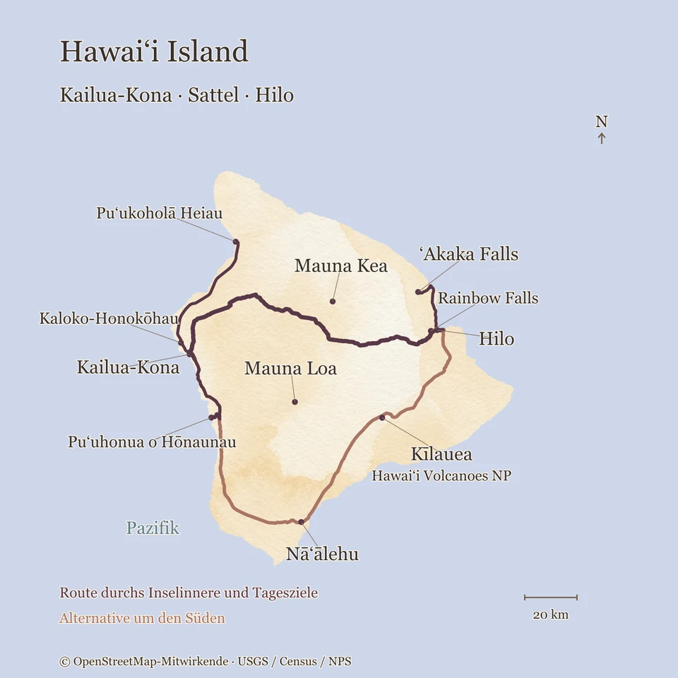 Aquarellkarte von Hawaiʻi Island mit Kailua-Kona, Hilo, der Verbindung über den Sattel und der südlichen Alternative sowie den im Artikel genannten Natur- und Kulturzielen.