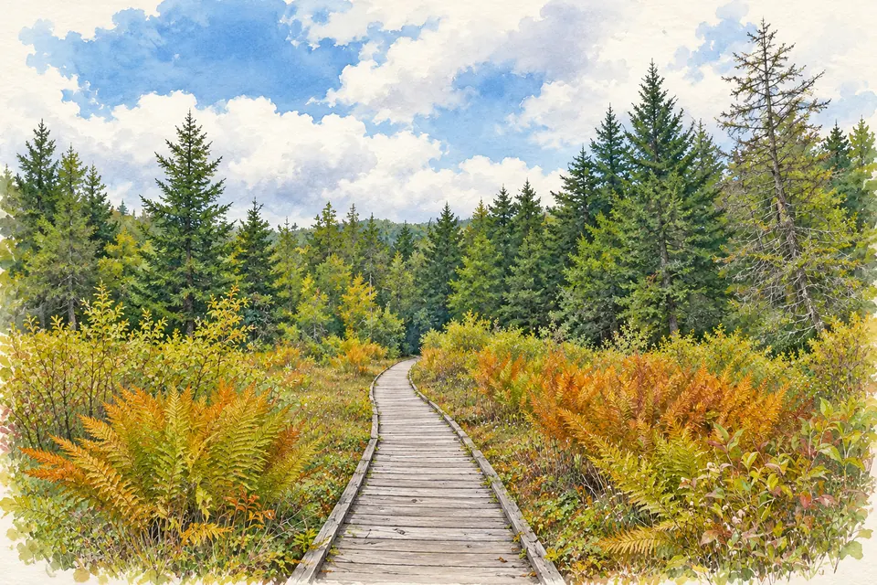 Aquarell eines schmalen, niedrigen Holzstegs, der zwischen Farnen und Sträuchern in Herbstfarben auf einen Wald aus Fichten zuführt.