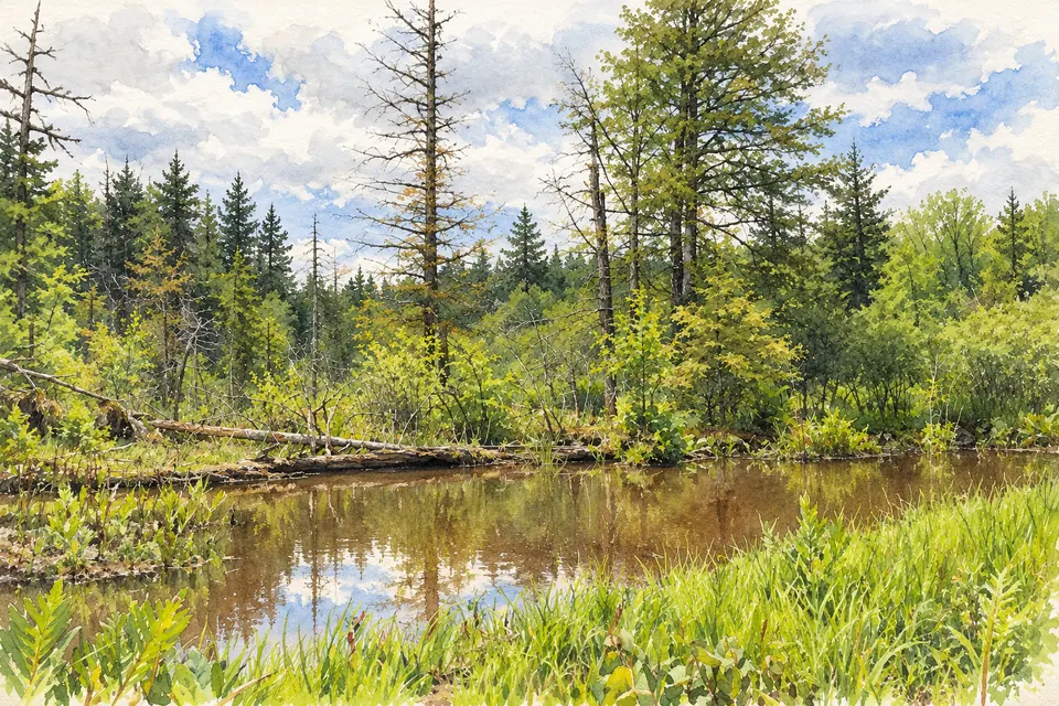 Aquarell einer kleinen braunen Wasserfläche zwischen feuchter Vegetation, mit liegendem Totholz am Ufer und abgestorbenen, kahlen Bäumen vor grünem Wald.