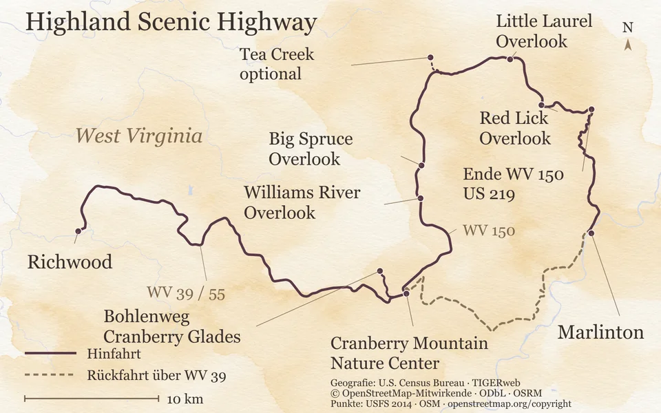 Orientierungskarte der Tagesfahrt von Richwood über die WV 39/55 zum Cranberry Mountain Nature Center mit Abstecher zum Bohlenweg der Cranberry Glades, dann über die WV 150 mit den Overlooks Williams River, Big Spruce, Little Laurel und Red Lick bis zur US 219 und nach Marlinton. Gestrichelt die Rückfahrt über die WV 39, dazu der optionale Abzweig zum Tea Creek und ein Maßstab für 10 Kilometer.