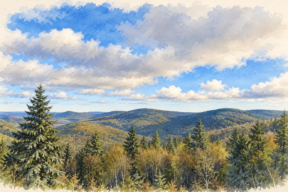 Aquarell eines weiten Blicks über niedrige, bewaldete Bergrücken unter Haufenwolken. Im Vordergrund Fichten und Laubbäume mit gelbem Herbstlaub.