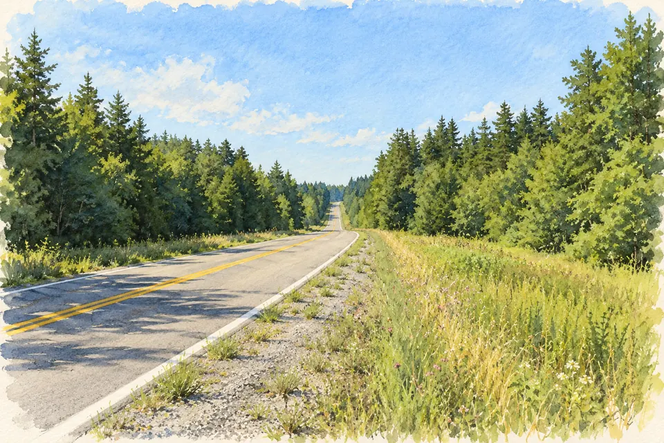Aquarell einer zweispurigen Asphaltstraße mit doppelter gelber Mittellinie und weißer Randlinie, die zwischen Nadel- und Laubwald leicht abfällt und wieder ansteigt. Rechts ein breiter Grasstreifen mit Kies am Rand.