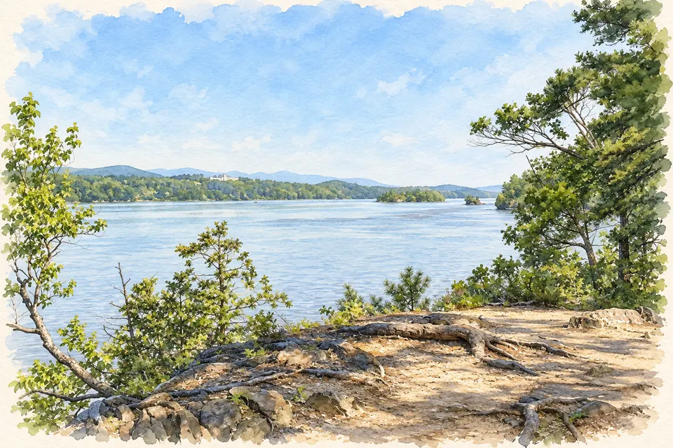 Aquarell eines felsigen Uferbodens mit freiliegenden Wurzeln und Kiefernzweigen vor dem breiten Hudson und seinem bewaldeten Gegenufer.