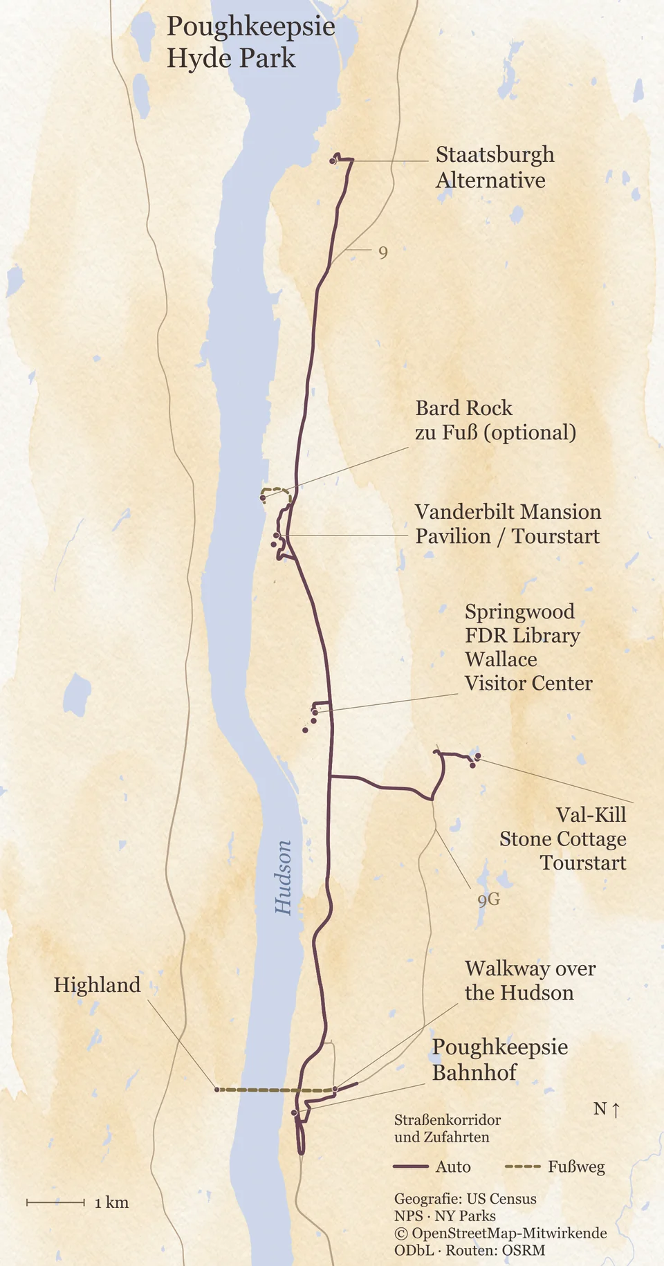 Karte des Hudson zwischen Poughkeepsie und Staatsburg mit beiden Ufern: Bahnhof Poughkeepsie und Walkway Over the Hudson im Süden, in Hyde Park Wallace Visitor Center, Springwood und Bibliothek, östlich Val-Kill mit Stone Cottage und Val-Kill Cottage, nördlich Vanderbilt Mansion mit Bard Rock und Staatsburgh als Alternative; Fahrwege und Fußwege zur Orientierung.