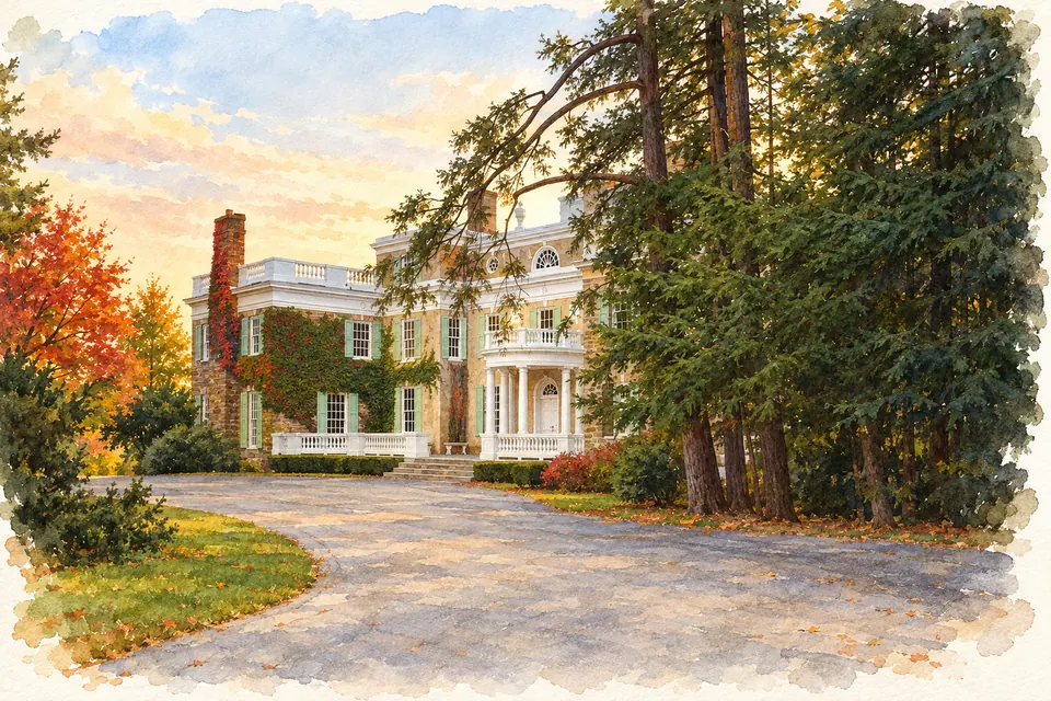Aquarell von Springwood mit grünen Fensterläden, weißer geschwungener Veranda und hohen Bäumen an der Einfahrt.