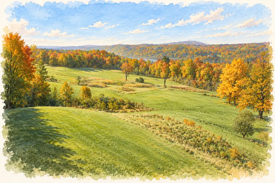 Aquarell gestaffelter grüner Wiesen und herbstlicher Bäume vor einem schmalen, teilweise verdeckten Blick auf den Hudson.
