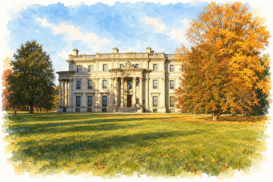 Aquarell des hellen dreigeschossigen Vanderbilt-Baus mit hohem Säulenportikus und Balustrade neben einem goldenen Herbstbaum.