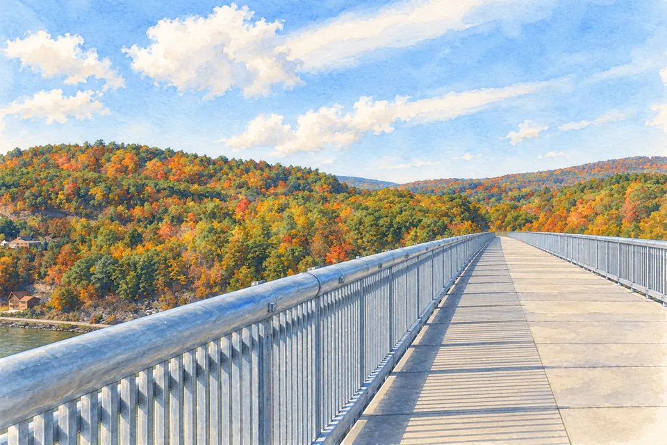 Aquarell des breiten grauen Brückenwegs mit Metallgeländern und Geländerschatten vor herbstlichen Waldhängen.