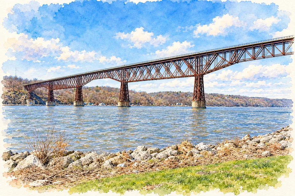 Aquarell der langen stählernen Walkway-Brücke über dem Hudson mit Fachwerkpfeilern, steinigem Vorderufer und bewaldetem Westufer.