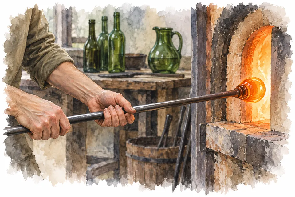 Aquarell: zwei Hände halten eine Glasmacherpfeife mit einem glühenden Glasposten vor die Öffnung eines gemauerten Ofens, dahinter auf einem Tisch grüne Flaschen und ein grüner Krug.