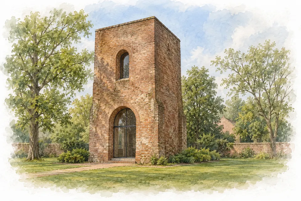 Aquarell: ein hoher, schmaler Backsteinturm mit Rundbogentür und einem rundbogigen Fenster darüber, umgeben von Bäumen, Rasen und einer niedrigen Backsteinmauer.