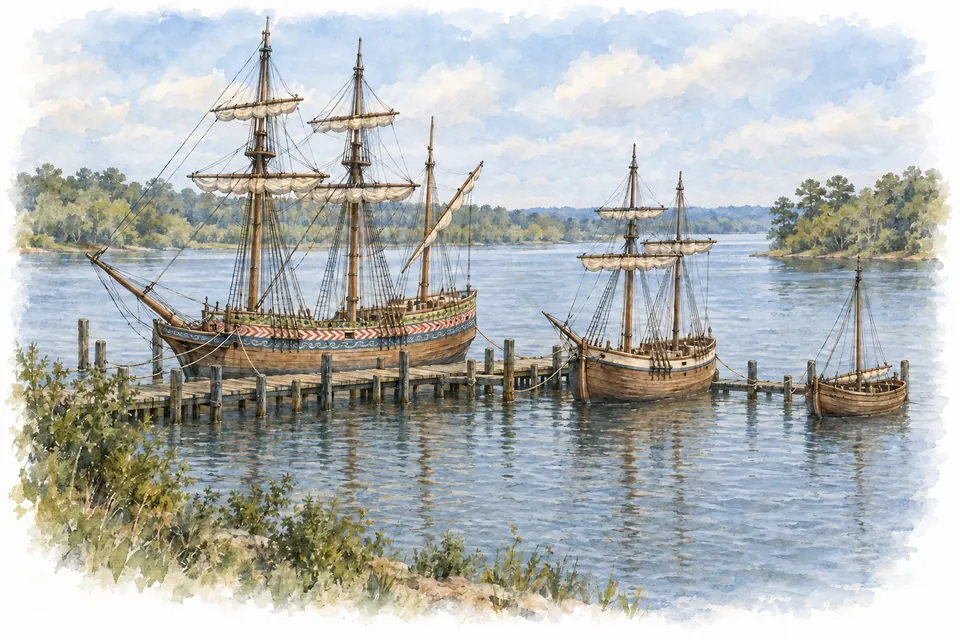 Aquarell: drei Nachbildungen früher Segelschiffe unterschiedlicher Größe mit drei, zwei und einem Mast an einem Holzsteg am Fluss, das größte mit farbigen Zierbändern am Rumpf.