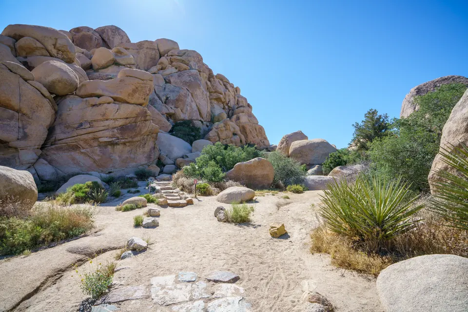 Ein sandiger Wanderweg mit niedrigen Steinstufen führt zwischen hohen Granitfelsen und Wüstenpflanzen hindurch.