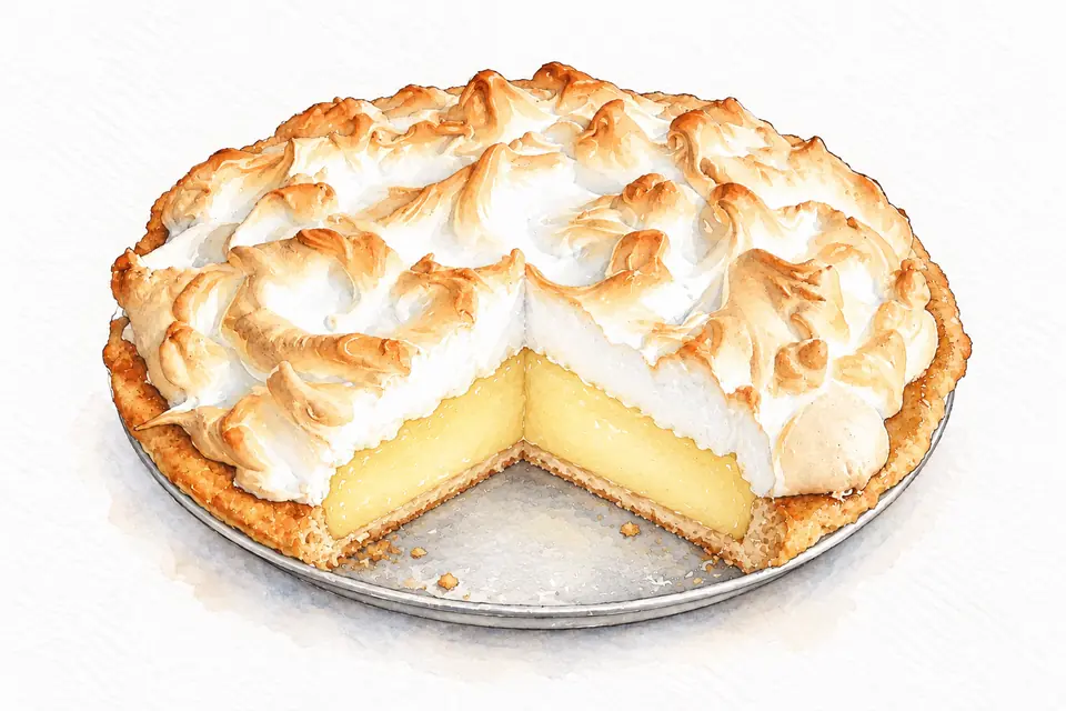 Aquarell eines angeschnittenen Key Lime Pie in einer Metallform: blassgelbe Füllung auf gebackenem Boden unter einer hohen, an den Spitzen gebräunten Baiserhaube; ein Stück fehlt.