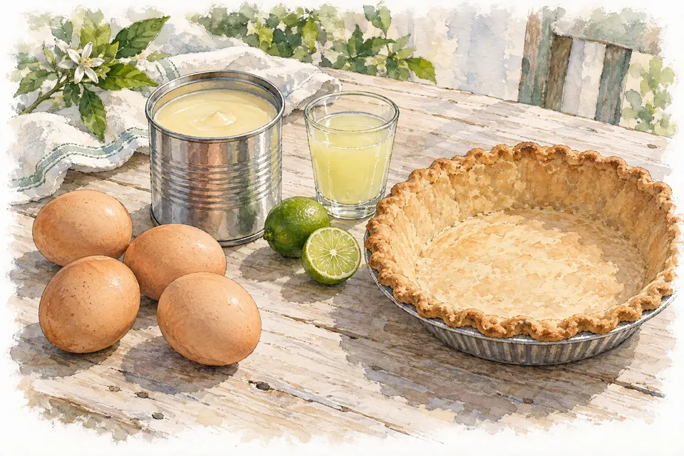 Aquarell von vier Eiern, einer offenen Dose Kondensmilch, einem Glas Limettensaft, Limetten und einem gebackenen Tortenboden.