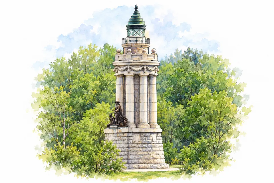 Aquarell des Champlain Memorial Lighthouse in Crown Point mit Säulen, Figurengruppe und grünem Laternendach.