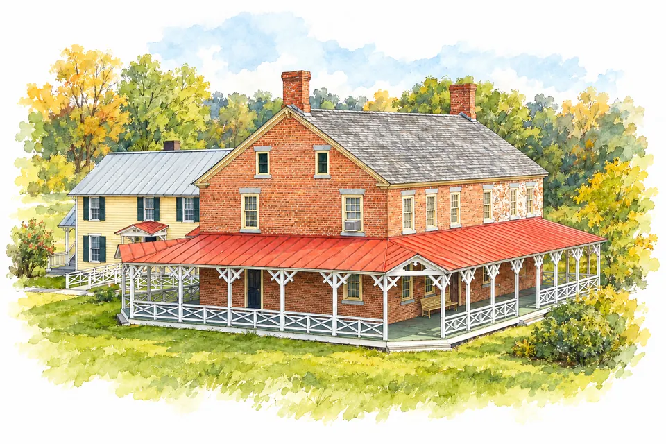 Aquarell der Backsteintaverne von Chimney Point mit rotem Verandadach und weißen Geländern.